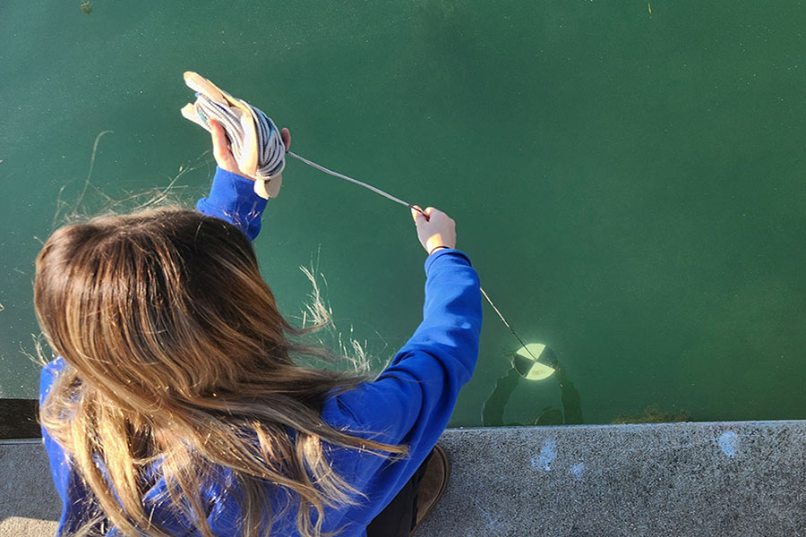 Student submerging Secchi disk over the edge of dock and into lake water.